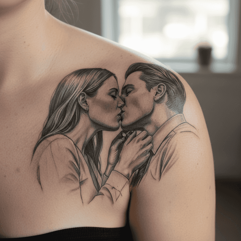 Tatuaje micro realista en blanco y negro de una pareja besándose, estilo romántico y artístico, realizado en el hombro