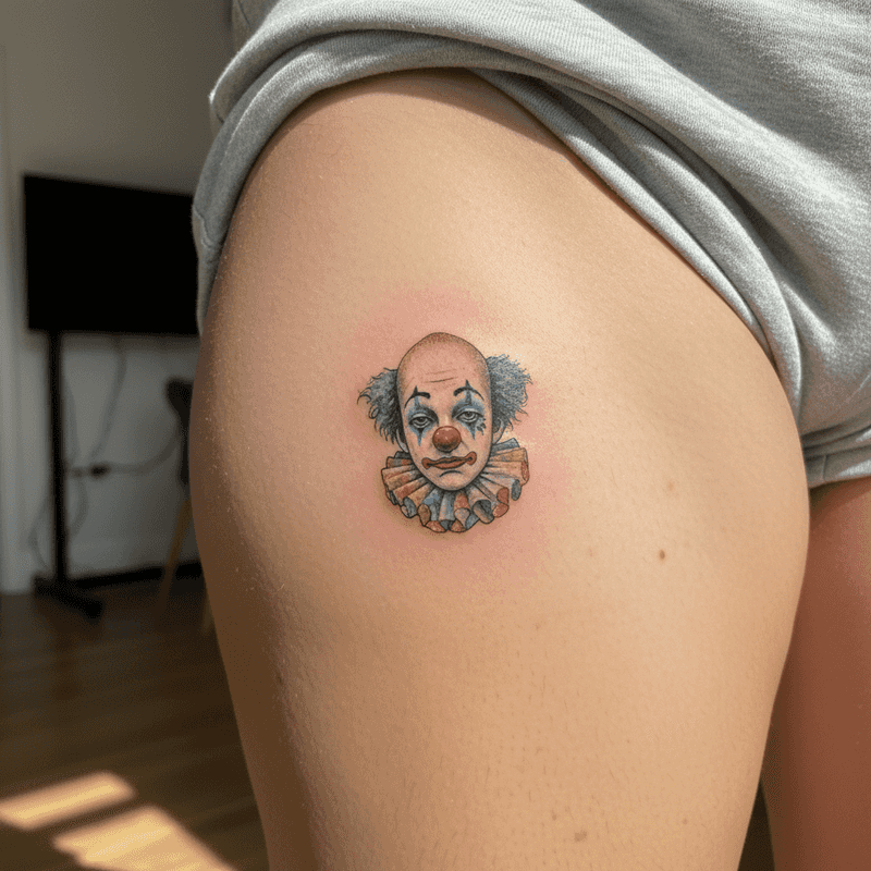 Tatuaje micro realista de payaso triste a color, estilo artístico y detallado, realizado en el muslo