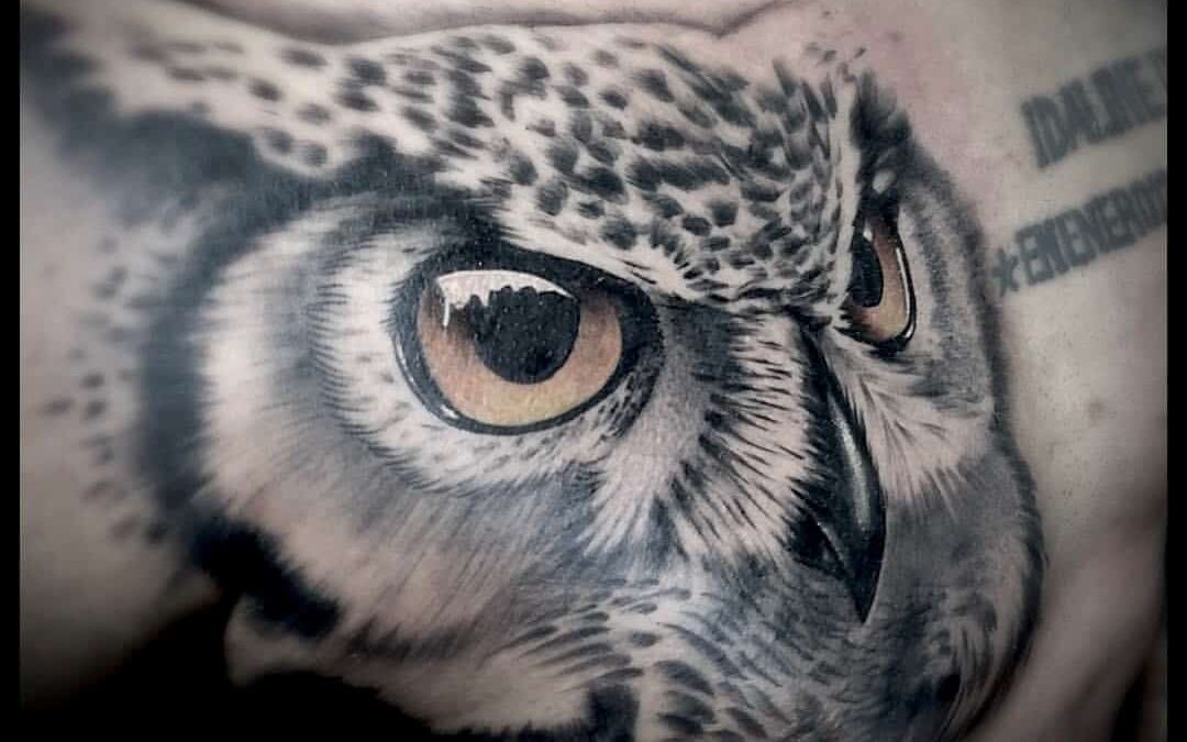 Foto de un tatuaje de de un búho con estilo realista hecho por un tatuador de kaifa´s tattoo studio en Madrid (Moncloa Chamberí)