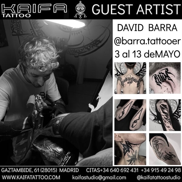 cartel con fotos de David Barra tatuando y sus tatuajes, dice: Kaifa tattoo Studio Guest artist, 3 al 13 de mayo madrid