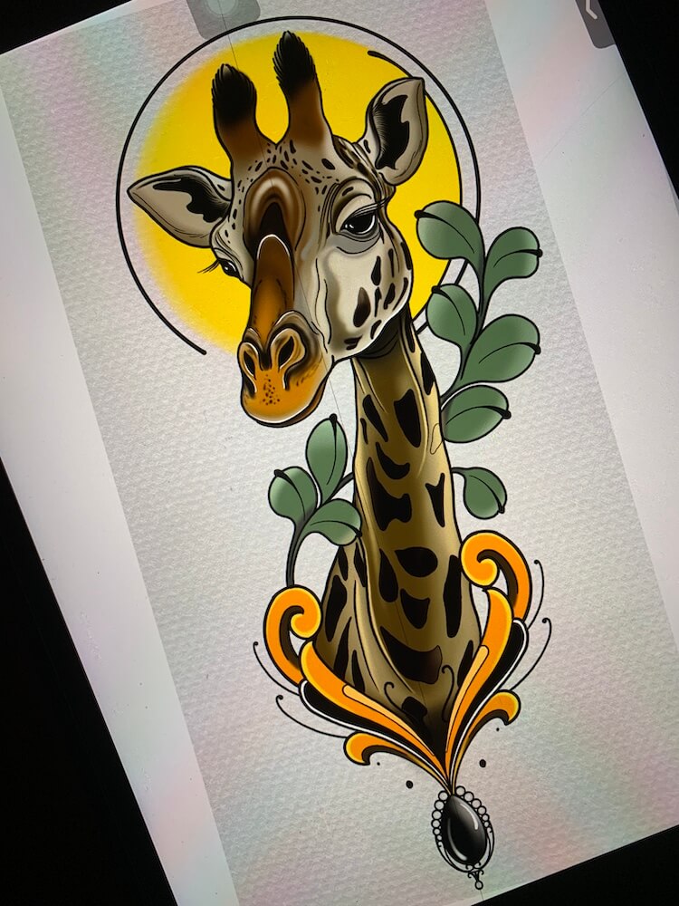 Ilustración del artista tatuador Andrés Sepúlveda para Kaifa´s Tattoo Studio Madrid (Moncloa Chamberí), llenos de color, naturaleza fauna y flora , jirafa