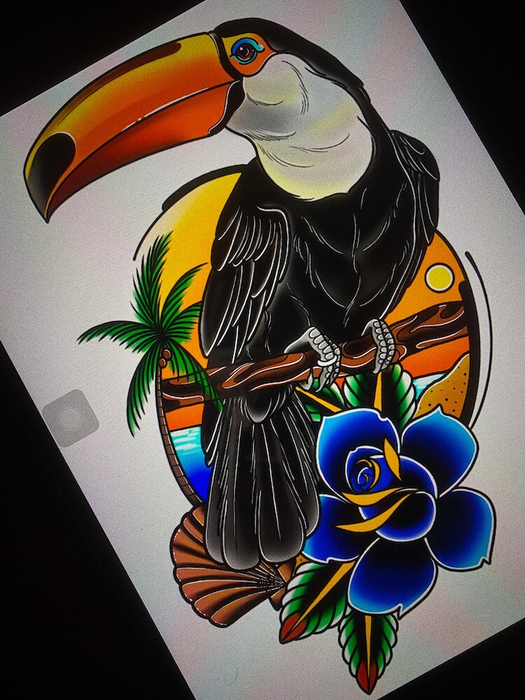 Ilustración del artista tatuador Andrés Sepúlveda para Kaifa´s Tattoo Studio Madrid (Moncloa Chamberí), llenos de color, naturaleza fauna y flora , ave tucán