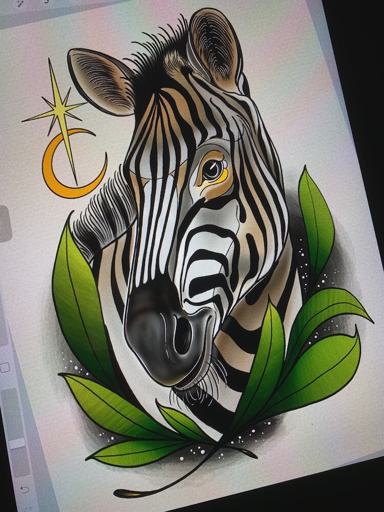 Ilustración del artista tatuador Andrés Sepúlveda para Kaifa´s Tattoo Studio Madrid (Moncloa Chamberí), llenos de color, naturaleza fauna y flora , cebra zebra