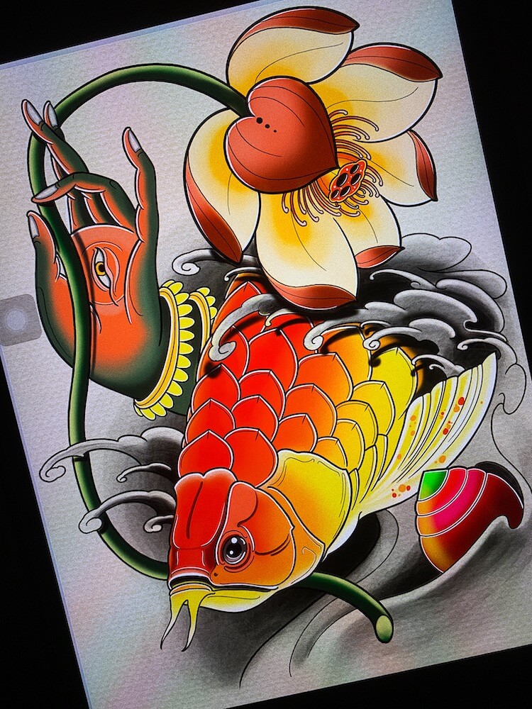 Ilustración del artista tatuador Andrés Sepúlveda para Kaifa´s Tattoo Studio Madrid (Moncloa Chamberí), llenos de color, naturaleza fauna y flora , peces y flores