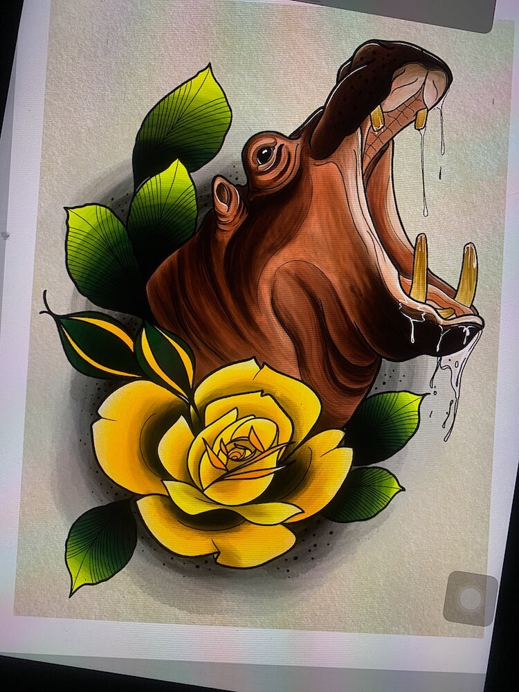 Ilustración del artista tatuador Andrés Sepúlveda para Kaifa´s Tattoo Studio Madrid (Moncloa Chamberí), llenos de color, naturaleza fauna y flora , hipopótamo y flores