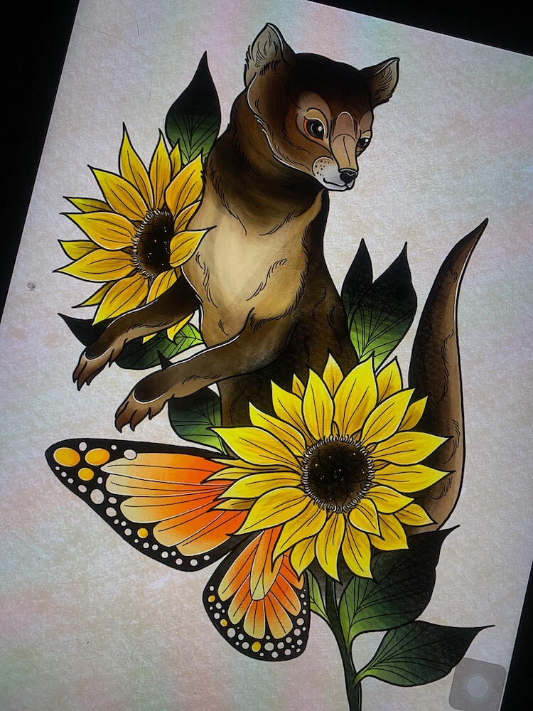 Ilustración del artista tatuador Andrés Sepúlveda para Kaifa´s Tattoo Studio Madrid (Moncloa Chamberí), llenos de color, naturaleza fauna y flora , ardilla, flores y mariposas