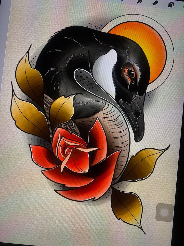 Ilustración del artista tatuador Andrés Sepúlveda para Kaifa´s Tattoo Studio Madrid (Moncloa Chamberí), llenos de color, naturaleza fauna y flora , pingüino y flor