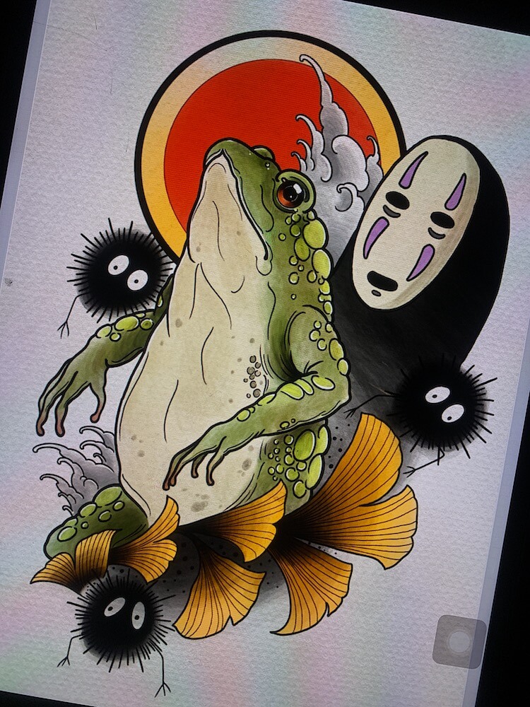 Ilustración del artista tatuador Andrés Sepúlveda para Kaifa´s Tattoo Studio Madrid (Moncloa Chamberí), llenos de color, naturaleza fauna y flora , sapo rana