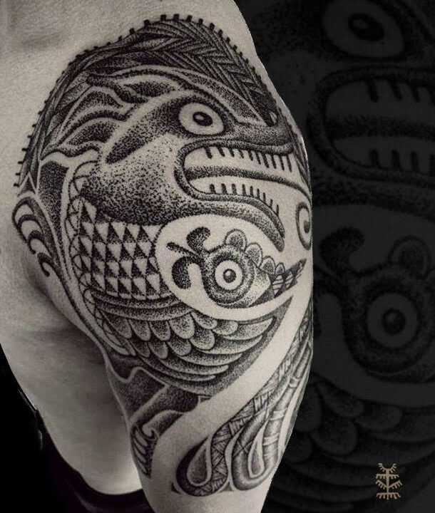 Foto del tatuaje hecho por el artista tatuador Totemikoh en Kaifa´s Tattoo Studio Madrid (Moncloa Chamberí) , estilo iberia con materiales veganos y cruelty free