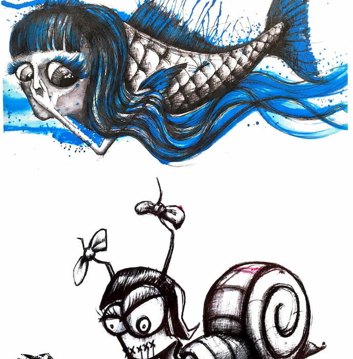 Ilustración del diseño de Tattoo del artista tatuador Raúl Rodríguez para Kaifa´s Tattoo Studio En Madrid (Chamberí - Moncloa), estilo de tatuaje Sketch, pez, sirena, caracol