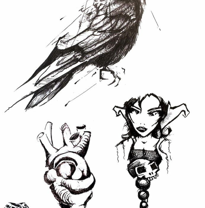 Ilustración del diseño de Tattoo del artista tatuador Raúl Rodríguez para Kaifa´s Tattoo Studio En Madrid (Chamberí - Moncloa), estilo de tatuaje Sketch, aves