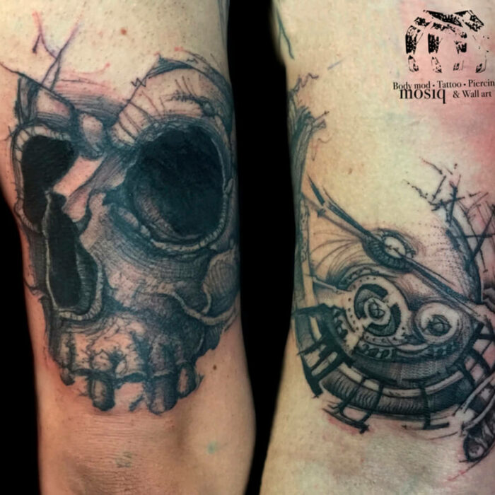 Foto del tatuaje del artista Raúl Rodríguez para Kaifa´s Tattoo Studio en Madrid, realizado con materiales veganos y cruelty free, estilo Sketch