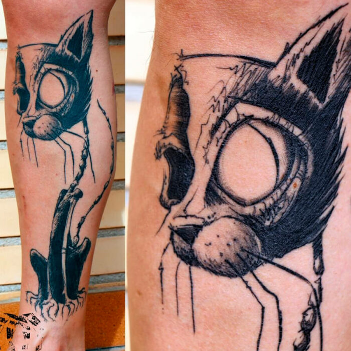 Foto del tatuaje del artista Raúl Rodríguez para Kaifa´s Tattoo Studio en Madrid, realizado con materiales veganos y cruelty free, estilo Sketch, tattoo gatos