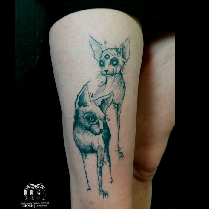 Foto del tatuaje del artista Raúl Rodríguez para Kaifa´s Tattoo Studio en Madrid, realizado con materiales veganos y cruelty free, estilo Sketch, tattoo animal