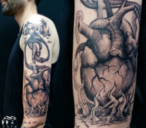 Foto del tatuaje del artista Raúl Rodríguez para Kaifa´s Tattoo Studio en Madrid, realizado con materiales veganos y cruelty free, estilo Sketch, en brazo e hombre