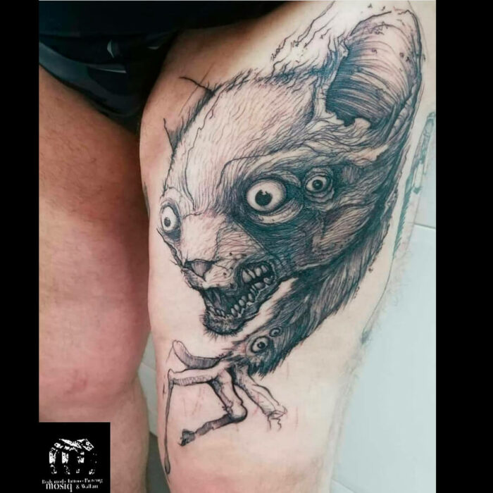 Foto del tatuaje del artista Raúl Rodríguez para Kaifa´s Tattoo Studio en Madrid, realizado con materiales veganos y cruelty free, estilo Sketch, tatto en pierna