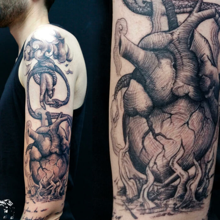 Foto del tatuaje del artista Raúl Rodríguez para Kaifa´s Tattoo Studio en Madrid, realizado con materiales veganos y cruelty free, estilo Sketch, en brazo e hombre
