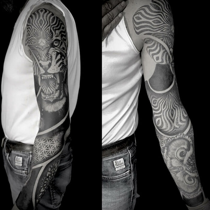 Foto de un tatuaje realizado por el tatuador Gennaro sacco en kaifa´s tattoo Studio Madrid, con estilo dotwork, con materiales cruelty free, en brazos masculinos