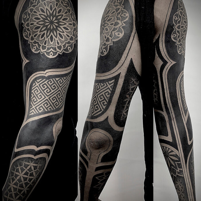 Foto de un tatuaje realizado por el tatuador Gennaro sacco en kaifa´s tattoo Studio Madrid, con estilo dotwork, con materiales cruelty free, en brazos masculinos
