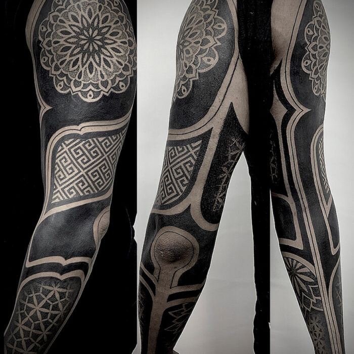 Foto de un tatuaje realizado por el tatuador Gennaro sacco en kaifa´s tattoo Studio Madrid, con estilo dotwork, con materiales cruelty free, en brazos masculinos