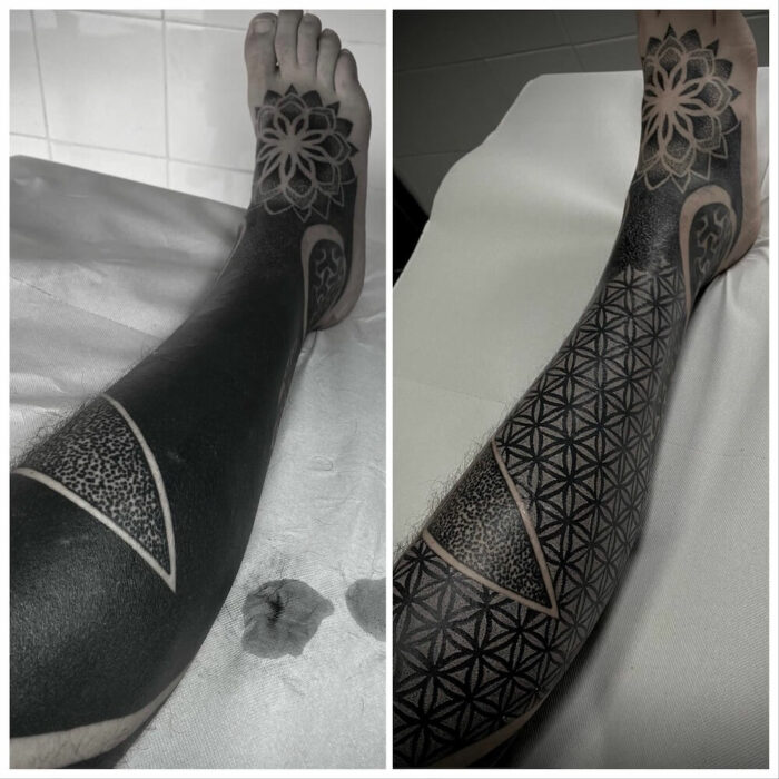 Foto de un tatuaje realizado por el tatuador Gennaro sacco en kaifa´s tattoo Studio Madrid, con estilo dotwork, con materiales cruelty free, tattoo en pierna