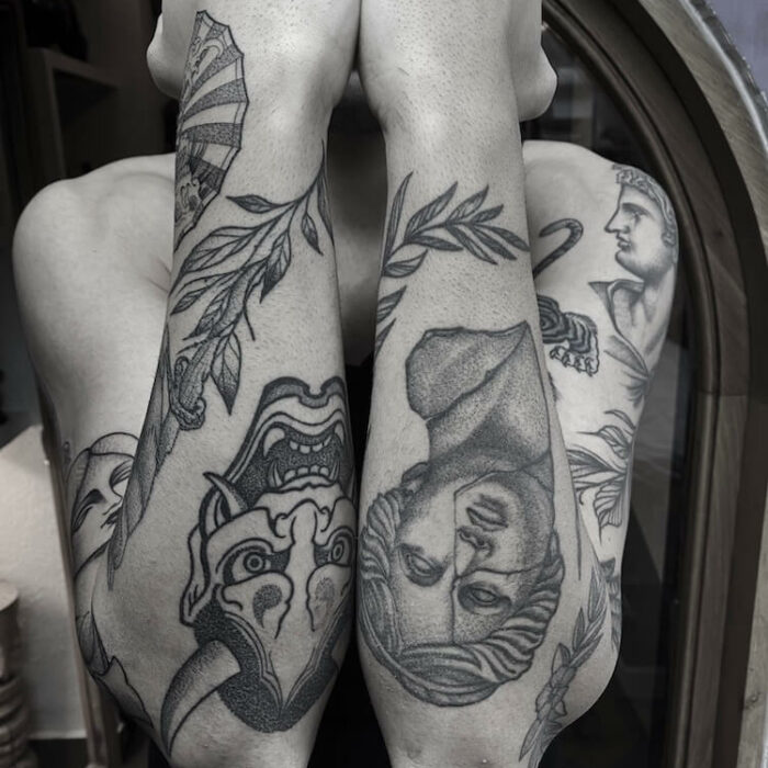 Foto de un tatuaje realizado por el tatuador Gennaro sacco en kaifa´s tattoo Studio Madrid, con estilo dotwork, con materiales cruelty free, tattoos en brazos