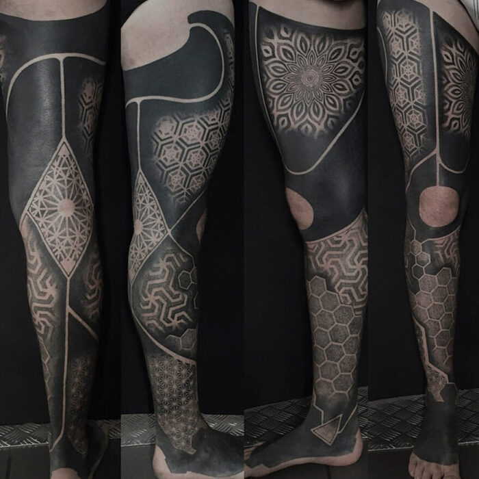 Foto de un tatuaje realizado por el tatuador Gennaro sacco en kaifa´s tattoo Studio Madrid, con estilo geometric, con materiales cruelty free