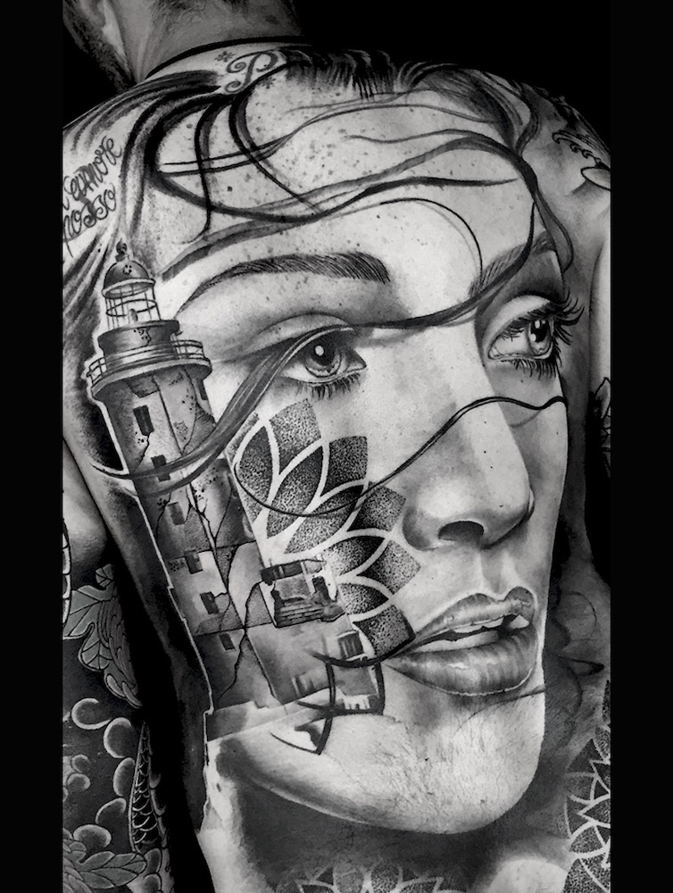 Foto de un tatuaje realizado por el tatuador Gennaro sacco en kaifa´s tattoo Studio Madrid, con estilo mandala, con materiales cruelty free, tattoo de cara femenina mujer