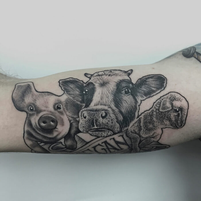 Foto de un tatuaje realizado por el tatuador Gennaro sacco en kaifa´s tattoo Studio Madrid, con estilo vegantattoo, con materiales cruelty free, diseño del tattoo de una vaca