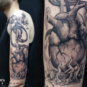 tatuaje en los brazos de un chico, por el tatuador Raul Rodriguez para Kaifa´s Tattoo Studio en Madrid