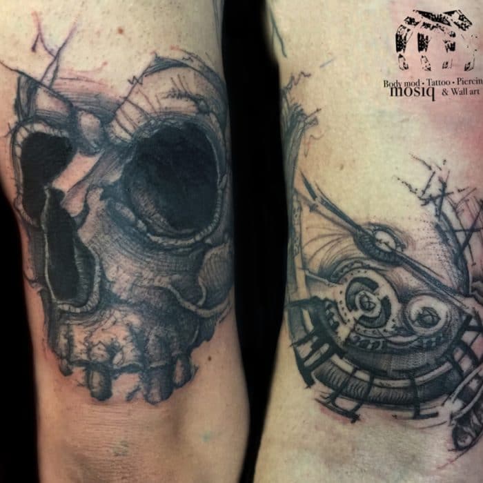 Tatuaje estilo con calavera del tatuador Raul Rodriguez para Kaifa´s tattoo Studio en Madrid