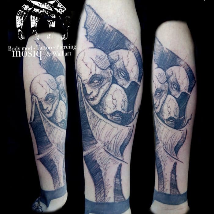 Tatuaje estilo dark del tatuador Raul Rodriguez para Kaifa´s tattoo Studio en Madrid con materiales veganos y cruelty free