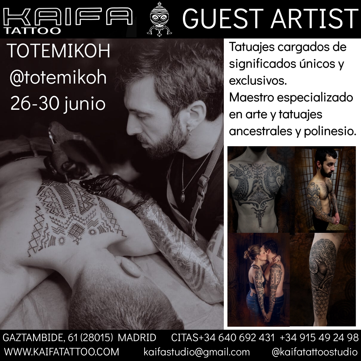 #SaveTheDate 26 al 30/06/2023 TATTOO GUEST ARTIST: TOTEMIKOH @totemikoh En Kaifa´s Tattoo Studio recibimos la visita de tatuadores invitados continuamente, para que nuestros clientes siempre cuenten con el profesional experto en el estilo elegido. Del 26 al 30 de junio tendremos en nuestro estudio de tatuajes de Madrid a TOTEMIKOH. Influenciado por el arte Polinesio, Ancestral e Ibérico, los tatuajes de TOTEMIKOH son obras exclusivas con significados únicos. Si quieres aprovechar la oportunidad de hacerte un tatuaje con TOTEMIKOH en nuestro estudio de Madrid, puedes reservar tu cita de la manera enviando un WhatsApp al +34 640 69 24 31 o por DM en Instagram. ¡Quedan muy pocas citas disponibles, reserva la tuya cuanto antes! TOTEMIKOH vendrá desde París a nuestro estudio de tatuajes y piercings de Madrid (zona Moncloa-Chamberi) los días 26 a 30 de junio de 2023. ¡Pide tu cita por DM o whatsapp! #KaifaTattoo #KaifaTattooStudio #VeganTattoo #TatuajesVeganos #tatuaje #tattoo #inked #tattoos #tatuajes #tatuajesMadrid #MadridTattoo #tattooed #tattooArtist #TattooArt #TattooLife #Tattooing #TattooIst #InkAddict #TattooDesign #SpainTattoo #TatooInk #TattooFans #InstaTattoo #TattooStyle #MadridTattooStudio #crueltyfreetattoo #TotemikohTattoo #tatuajeAncestral #TatuajePolinesio